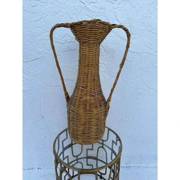 Vintage Hand Crafted Tall Handwoven Rattan Wicker Double Handle Floor Vase Brown - Picture 10 of 10